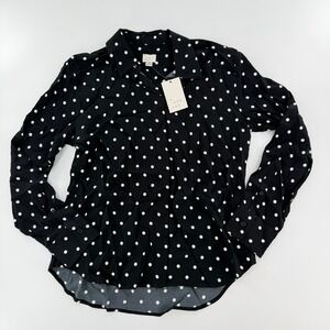 A New Day Blouse Polka Dot Button Down Women XS‎ Black